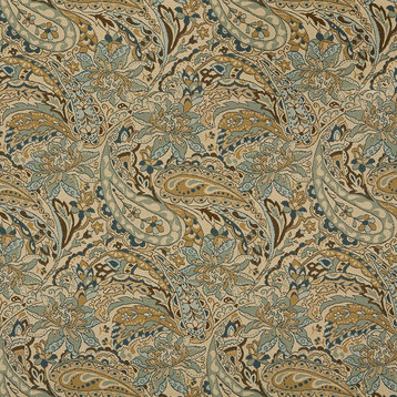 Tan Beige Brown Teal Floral Paisley Indoor Outdoor Upholstery Fabric By The Yard