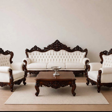 Handcrafted Solid Teak Wood Sofa Set | French Rococo Traditional Living Room