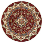 Bareens Designer Rugs - Rustic Khurgeen Lenora Red/Beige Wool Round - 9'8'' x 9'9'' - Designed with a mesmerizing intricate transitional and geometric motif this glorious hand knotted rug made with handspun Ghazni wool is a masterpiece that will fill any space with sophistication and grace. Hand knotted by skilled artisans in an exhilarating color pallet with an elaborate design, this masterpiece features luxurious hand spun wool with all vegetable dyes to add comfort and style to your decor. The design, color, and beautiful chromatic composition with a sheen in transitional and geometric designs, exude beauty, elegance and quality make this rug an extraordinarily opulent center piece for your living space. The intricate designs known as Khurgeen, Khorgeen or Khorjin range are inspired by the patterns from ancient tribal bags. An infusion of bold, saturated color gives this traditional hand-knotted rug a fresh perspective and modern appeal. Most desired due to its versatility in design and affordability this handmade rug is in a compelling focal point in any living area.