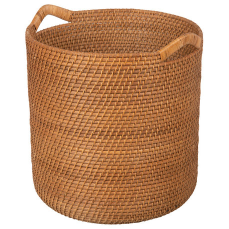 Laguna Round Rattan Storage Basket With Ear Handles, Honey Brown