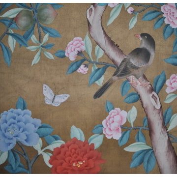 hand painted wallpaper Birds and flower panoramic design