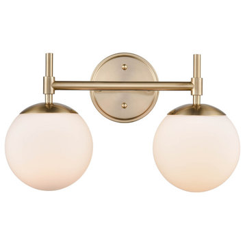 2 Light 15.5" Modern Gold  Bathroom Vanity Light with Opal Glass Shades