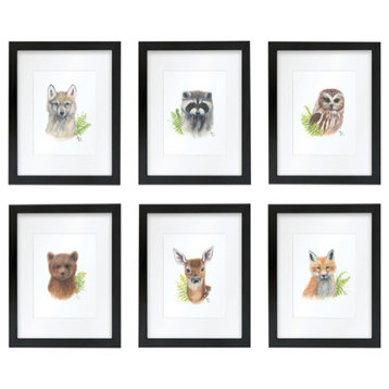 "Woodland Littles 2" Set of Six Framed Prints With Mat, Black, 11x14