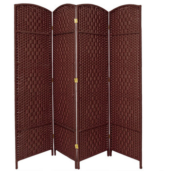 Tall Room Divider, 4 Plant Fiber Woven Panels With Diamond Pattern, Red