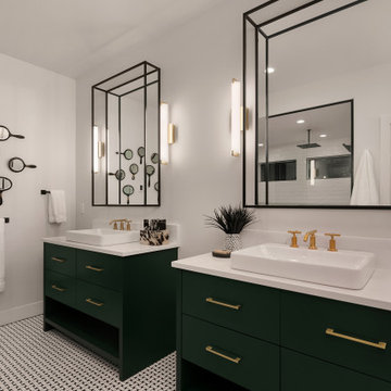 3D MIrrors with Green Vanities and Gold Hardware