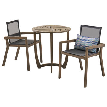 GDF Studio Mark Outdoor Round Acacia Wood Dining Set With Mesh Seats, Gray Finis