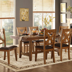 5426-72 CLASSIC 7PC MEDIUM OAK WOOD TRESTLE DINING TABLE SET CHAIRS - Dining Sets