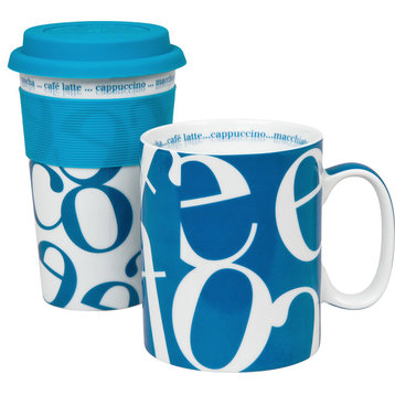 Set of 2 Script Collage Mugs Blue To Stay/To Go