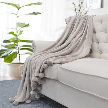 Pom Pom Flannel Fleece Throw Blanket, Light Grey, 60" X 80"
