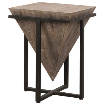 Modern Rustic Industrial Pyramid End Table, Geometric Iron Wood Block Accent