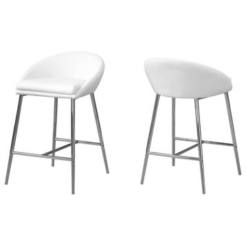 Bar Stool, Set Of 2, Counter Height, Metal, Pu Leather Look, White, Chrome
