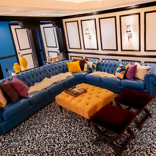 Ejemplo de sótano moderno, de tamaño medio, con paredes blancas, moqueta, chimeneas suspendidas, marco de chimenea de yeso y suelo multicolor