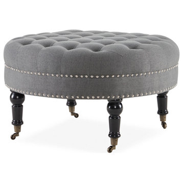 Round Tufted Linen Ottoman With Caster, 33", Gray