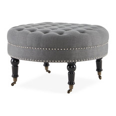 Round Tufted Linen Ottoman With Caster, 33", Gray