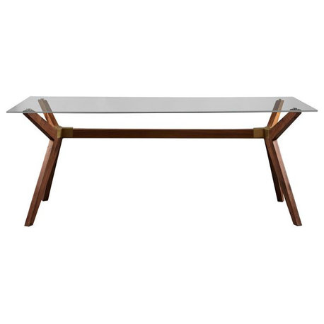 Unique Furniture Denali 75" Glass Top and Wood Base Dining Table in Walnut