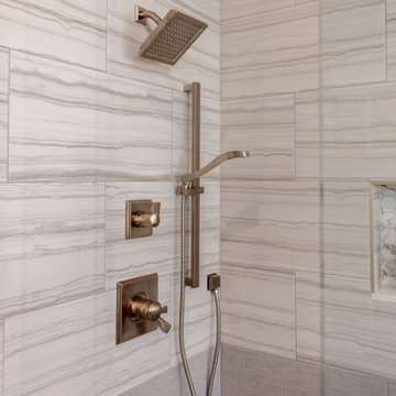 Spa Like Primary Bathroom Remodel with Warm Wood & Brass Details