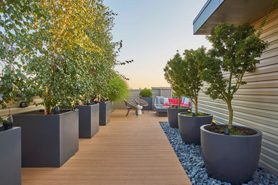 This is an example of a contemporary full sun rooftop landscaping in Chicago with decking for summer.