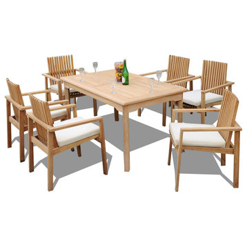 7-Piece Outdoor Teak Dining Set: 60" Rectangle Table, 6 Clip Stacking Arm Chairs