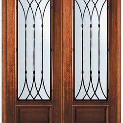 Prehung Double Door 96 Wood Mahogany Warwick 3/4 Lite Wrought Iron - Front Doors