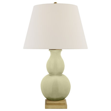 Gourd Form Small Table Lamp in Celadon Crackle with Linen Shade