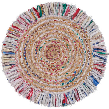 Bleached Multicolored Chindi and Organic Jute Fringed Round Rug, 5'6" Round