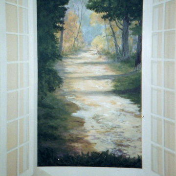 Trompe l'oeil of open window and view of trees