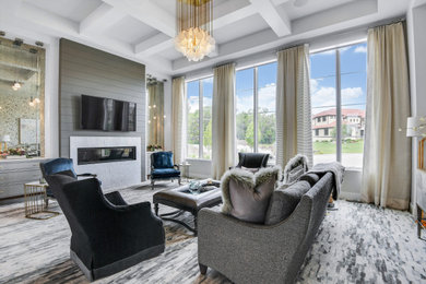 Living room - transitional carpeted and gray floor living room idea in Kansas City with white walls, a ribbon fireplace, a stone fireplace and a wall-mounted tv