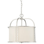 Savoy House - Rockford 3-Light Polished Nickel Pendant - Clean and classic lines define the Rockford Collection with its simple frame and crisp lattice trim in a Polished Nickel finish silhouetted against a White fabric shade for contrast. Measuring 18" wide x 18" high, the three-light pendant provides ample illumination from three Edison-base 60-watt bulbs.