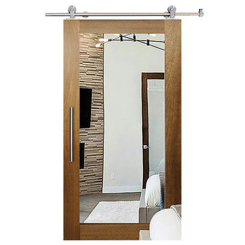 Solid Tropical Oak Sliding Barn Door With Mirror Insert, 36"X84", 36"x84" Inches