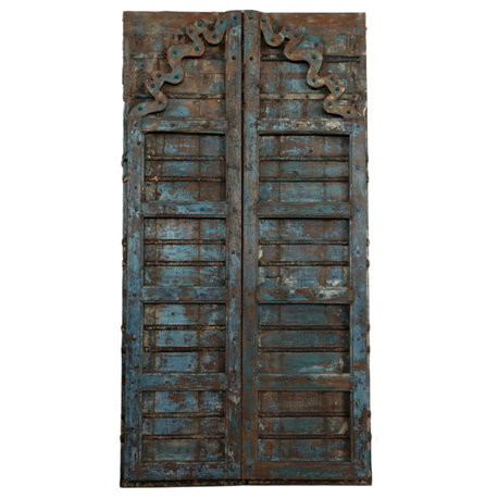 Consigned Distressed Blue Antique Indian Door Carved Double Doors 81