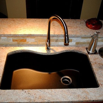 Stacked Stone Tile Backsplash, Millennium Cream Granite, Composite Sink