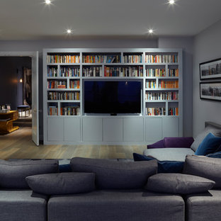 Modelo de sótano en el subsuelo contemporáneo, de tamaño medio, sin chimenea, con paredes púrpuras y suelo de madera en tonos medios