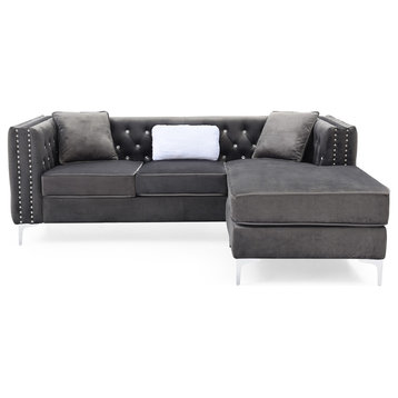 Paige 87 in. Velvet L-Shape 3-Seater Sofa With 2-Throw Pillow, Gray