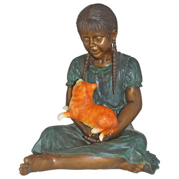 Girl Holding Her Cat Bronze Statue, Green, Orange Finish - Size: 23"x20"x24"H