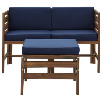 Modular Acacia Patio Arm Chairs and Ottoman, Dark Brown/Navy Blue