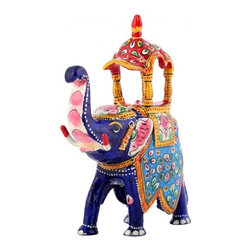 Hand Painted White Metal Blue Floral Elephant - Sculptures