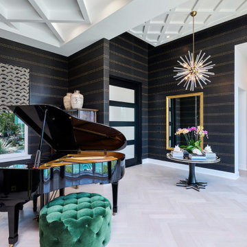 Classic entry and piano lounge with black Phillip Jeffries grasscloth