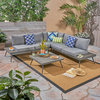 GDF Studio Deborah Outdoor Faux Wood and Aluminum V-Shaped 5 Seater Sofa Set, Gray Finish/Gray