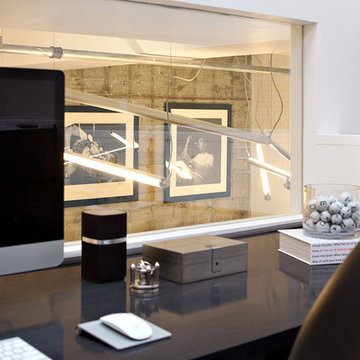 Modern Black + White Loft Home Office with Interior Window