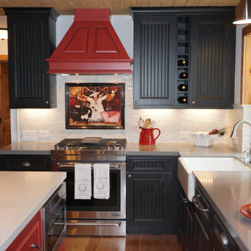 Whimsical Tahoe Cottage - custom red painted hood, wine rack