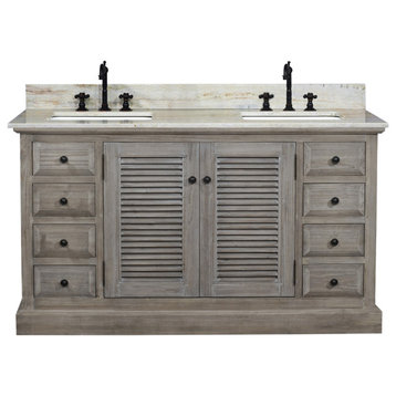 Rustic Double Sink Vanity With Coastal Sands Marble Top With Rectangular Sink