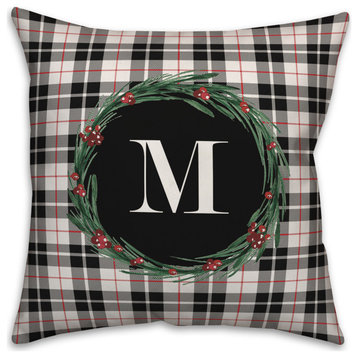 Black Plaid Monogram Wreath M 18x18 Spun Poly Pillow