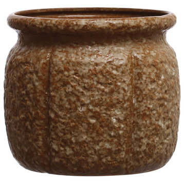 7.75 Round Textured Stoneware Planter, Reactive Glaze, Holds 7" Pot, Brown