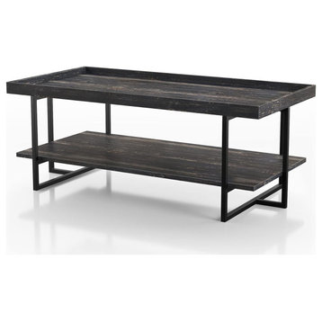 Industrial Coffee Table, Metal Frame With Rectangular Top and Open Shelf, Black