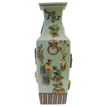 Chinese Light Green Dimensional Color Graphic Square Porcelain Vase