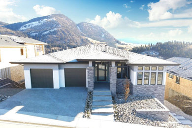 Inspiration for a large craftsman gray one-story stucco house exterior remodel in Other with a hip roof, a shingle roof and a black roof