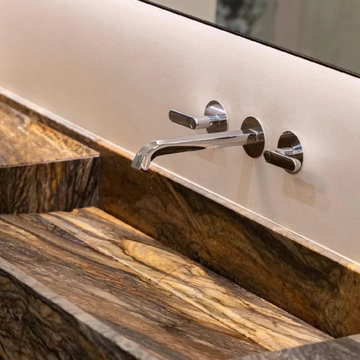 Brown natural marble wash basin solid wood bathroom cabinet.