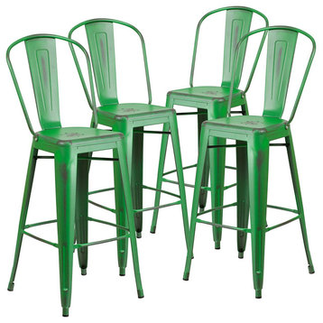 Set of 4 Bar Stool, Metal Construction & Removable Curved Back, Distressed Green