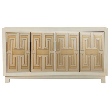 Rectangular 4-Door Accent Cabinet, White and Gold