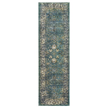 2??X 8??Peacock Blue And Ivory Indoor Runner Rug